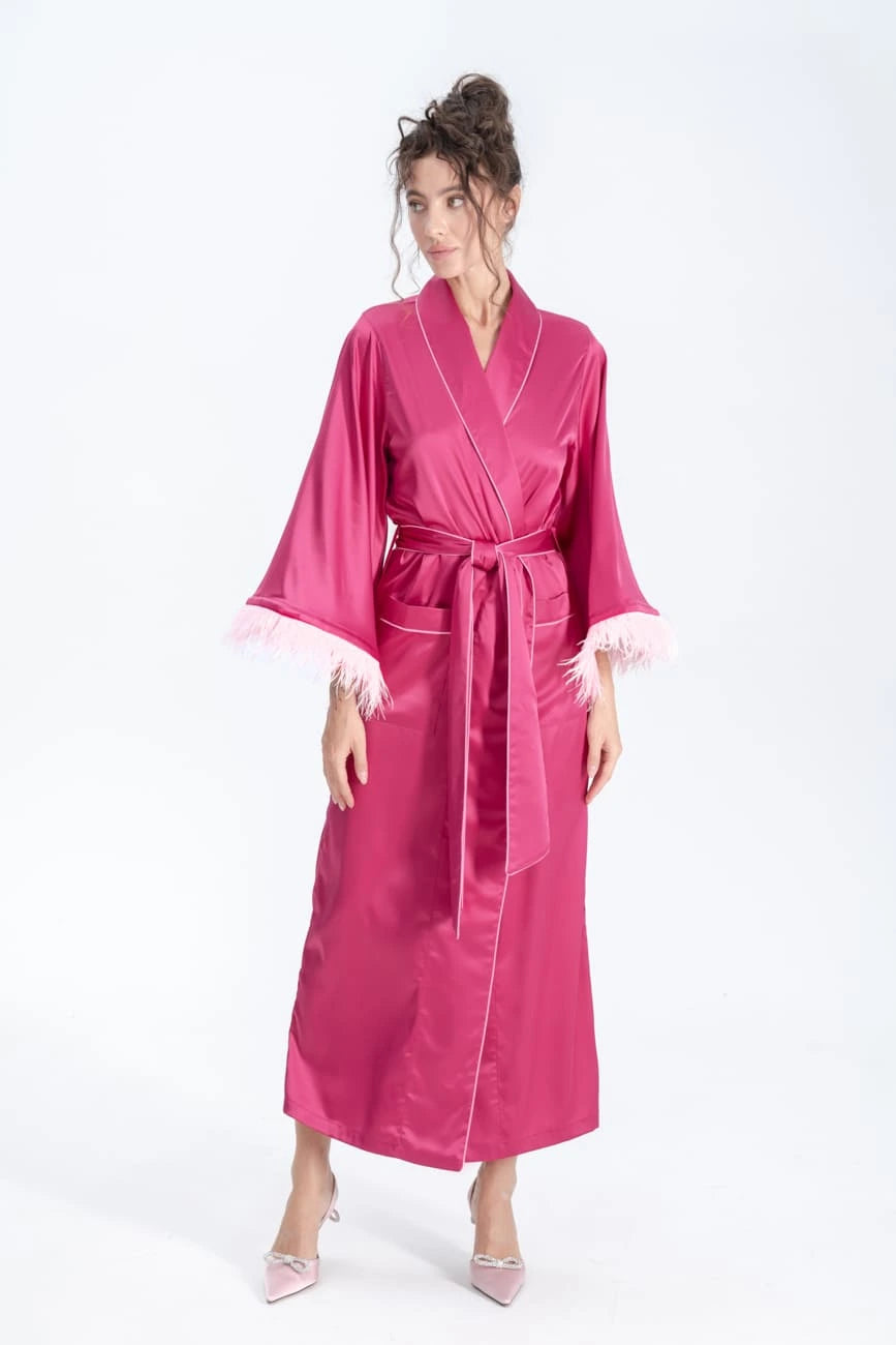 Long Silky Satin Feather Dressing Gown with Piping