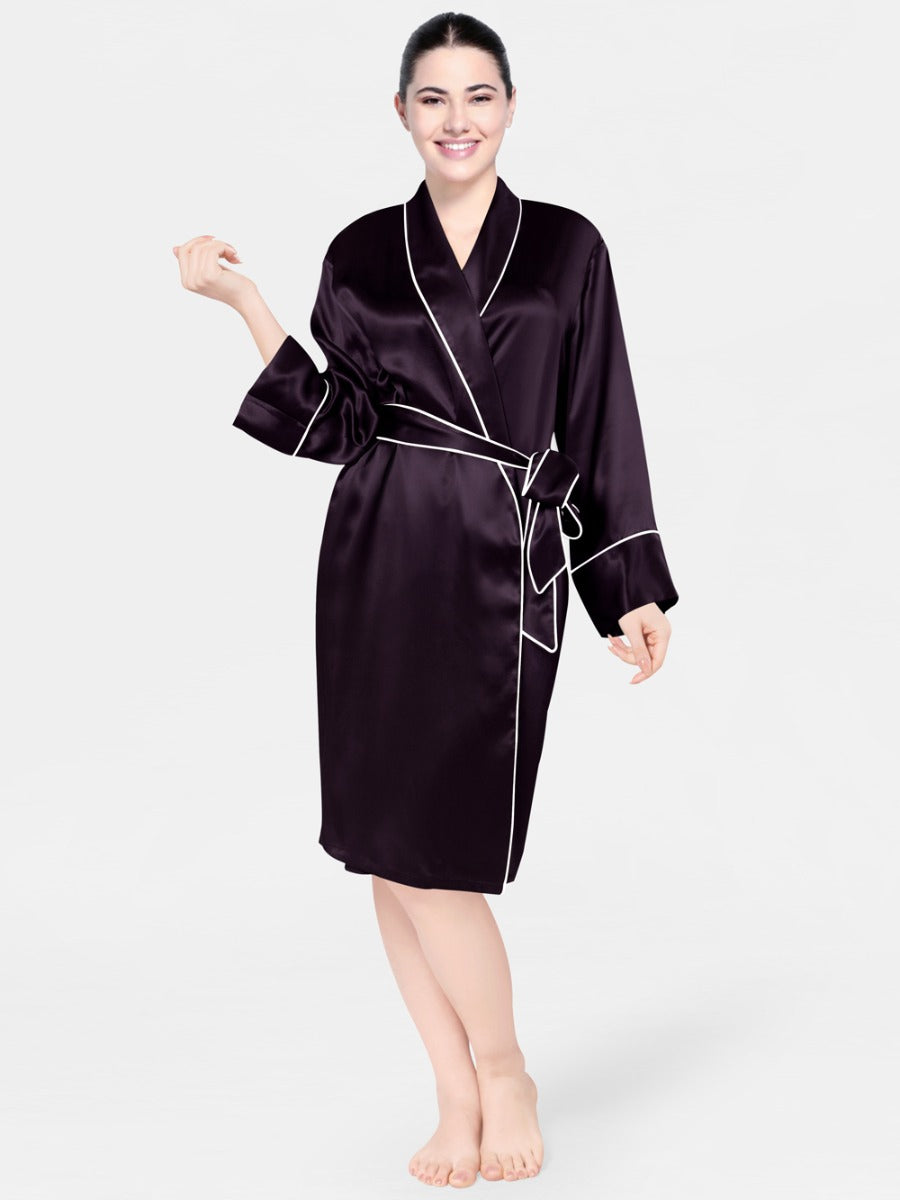 Luxe Satin Robe Set (Contrast Piping) - Bella Babe by SK Nightsuit Nightdress Robes Silk Satin Nighty Gown Nightwear 