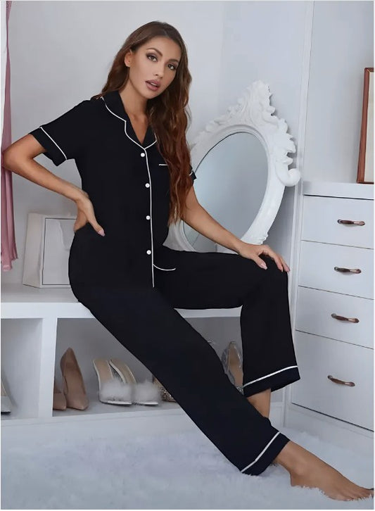 Half Sleeve Pyjama Set In Black Cotton Lycra