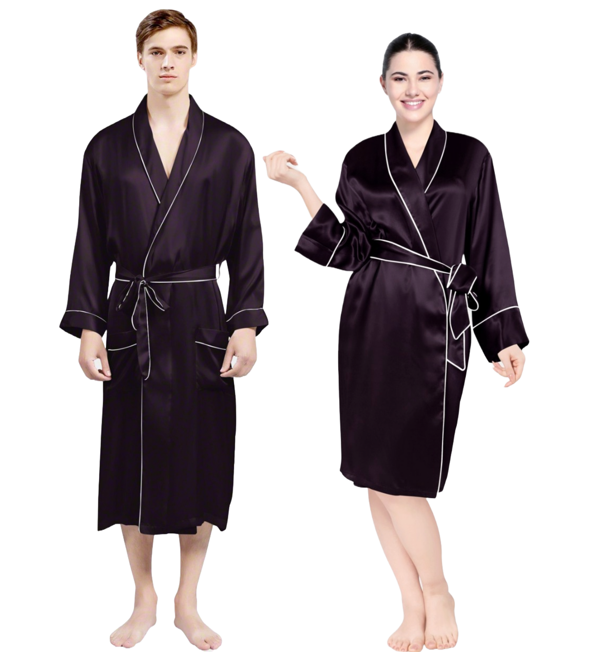 Luxe Satin Robe Set (Contrast Piping) - Bella Babe by SK Nightsuit Nightdress Robes Silk Satin Nighty Gown Nightwear 