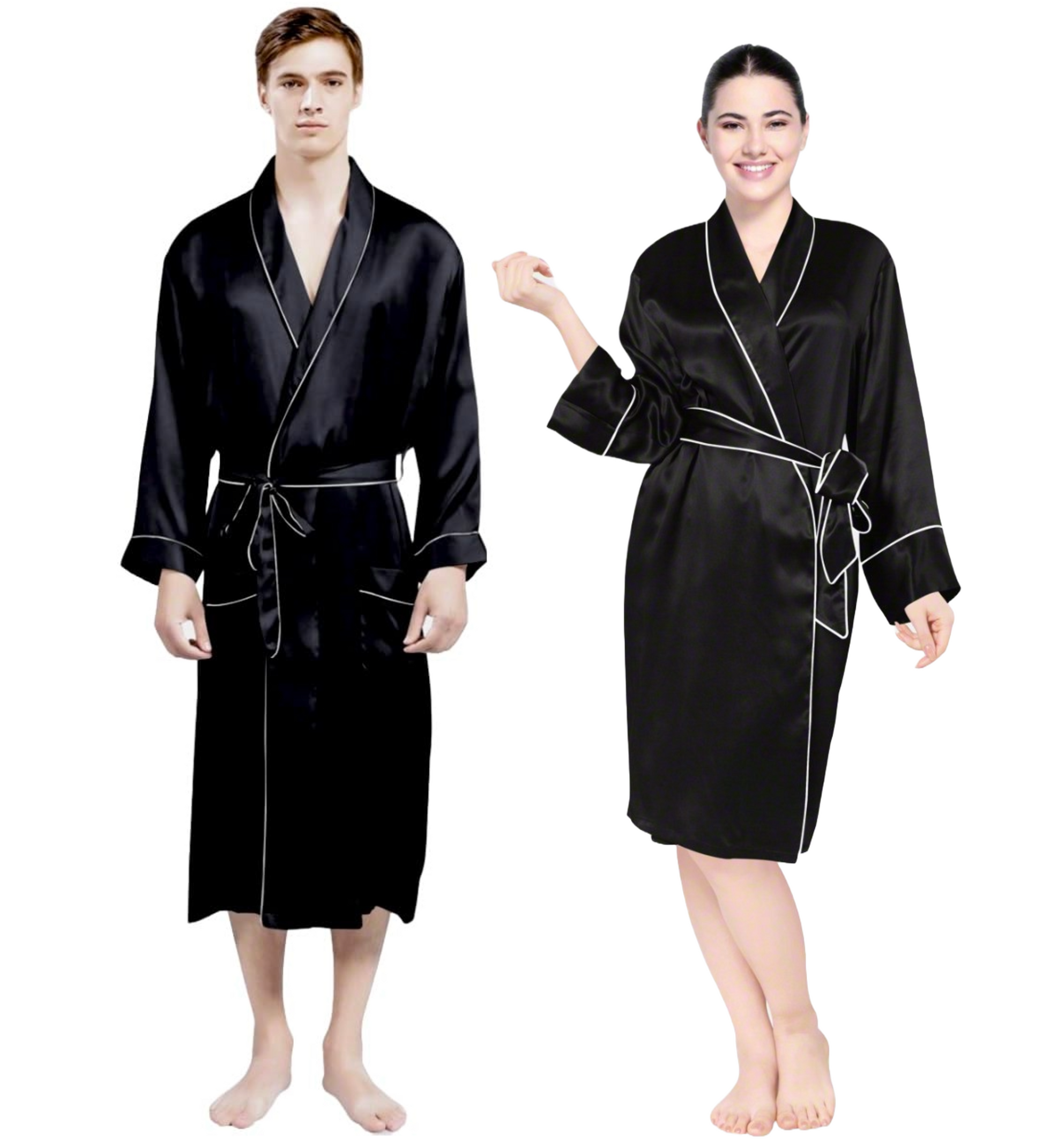 Luxe Satin Robe Set (Contrast Piping) - Bella Babe by SK Nightsuit Nightdress Robes Silk Satin Nighty Gown Nightwear 