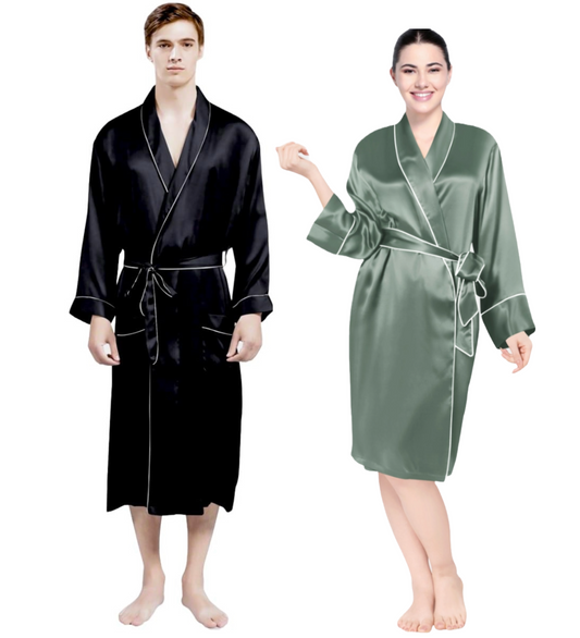 Luxe Satin Robe Set (Contrast Piping) - Bella Babe by SK Nightsuit Nightdress Robes Silk Satin Nighty Gown Nightwear 