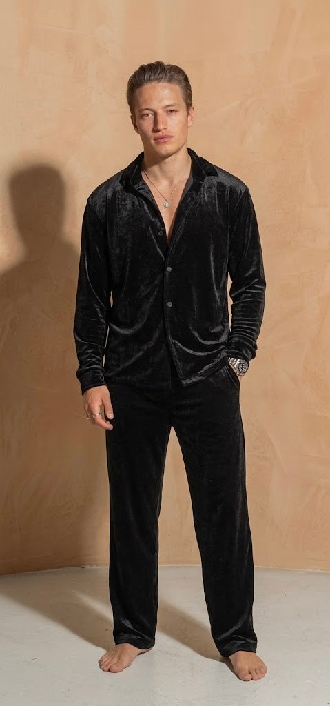 Italian Velvet Shirt & Trousers Co-ord Set for Men, Stretch Party Wear, Black