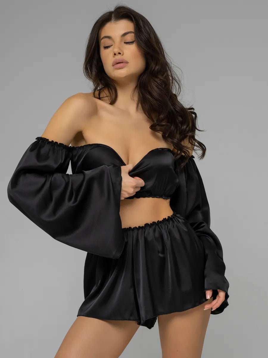 Angel Sleeve Satin Co-ord Set | Off-Shoulder Crop Top & Flowy Shorts | Black & White Party Set for Women - Bella Babe by SK