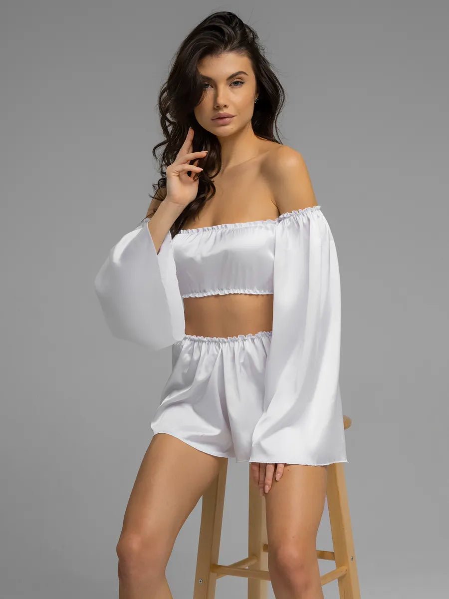 Angel Sleeve Satin Co-ord Set | Off-Shoulder Crop Top & Flowy Shorts | Black & White Party Set for Women - Bella Babe by SK