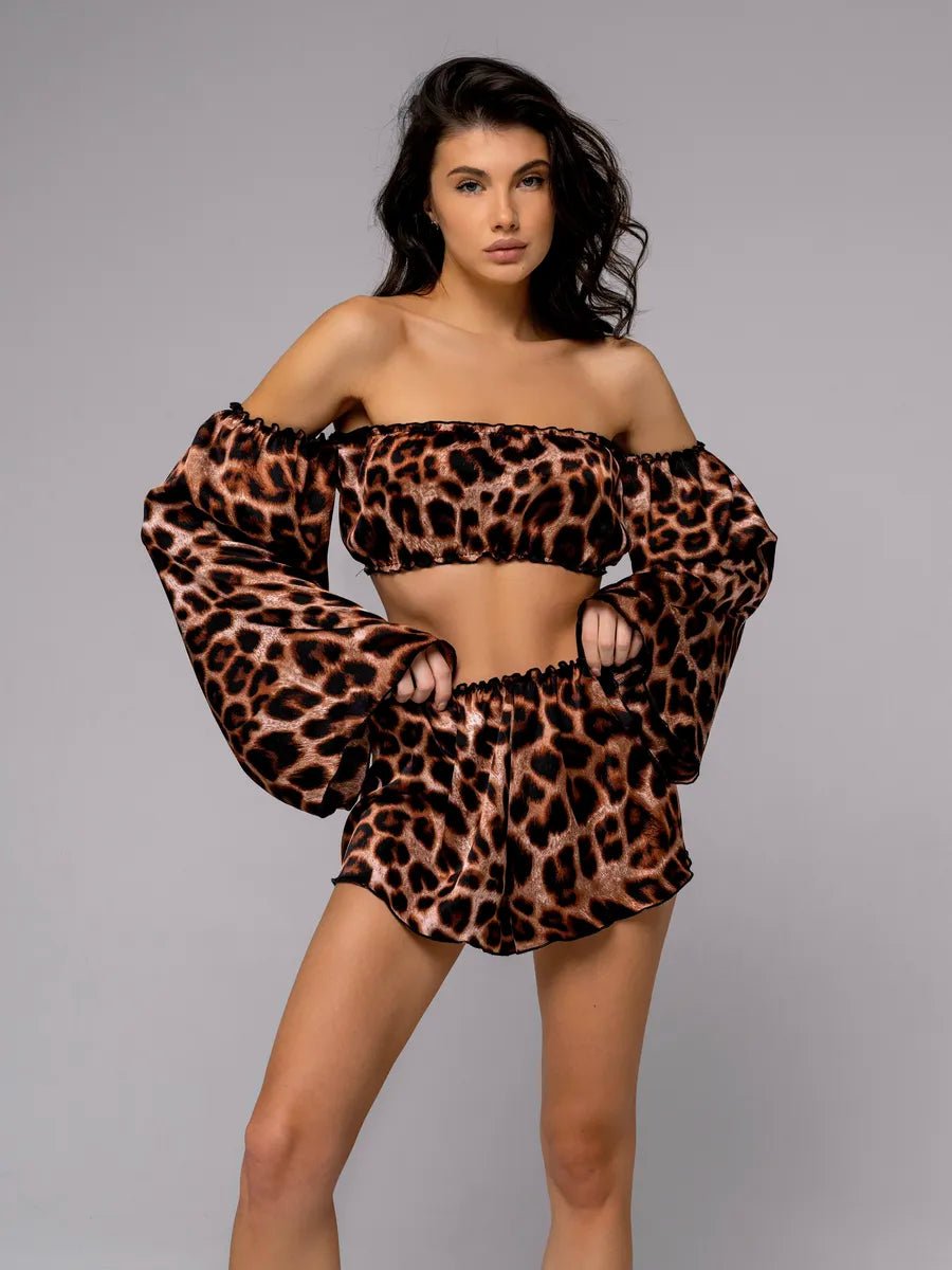 Angel Sleeve Satin Co-ord Set | Off-Shoulder Crop Top & Flowy Shorts | Black & White Party Set for Women - Bella Babe by SK