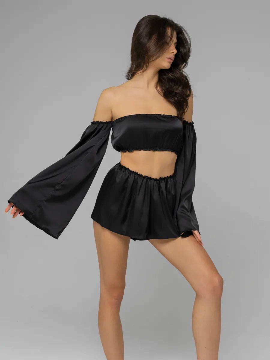 Angel Sleeve Satin Co-ord Set | Off-Shoulder Crop Top & Flowy Shorts | Black & White Party Set for Women - Bella Babe by SK
