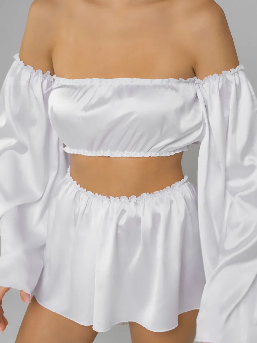 Angel Sleeve Satin Co-ord Set | Off-Shoulder Crop Top & Flowy Shorts | Black & White Party Set for Women - Bella Babe by SK
