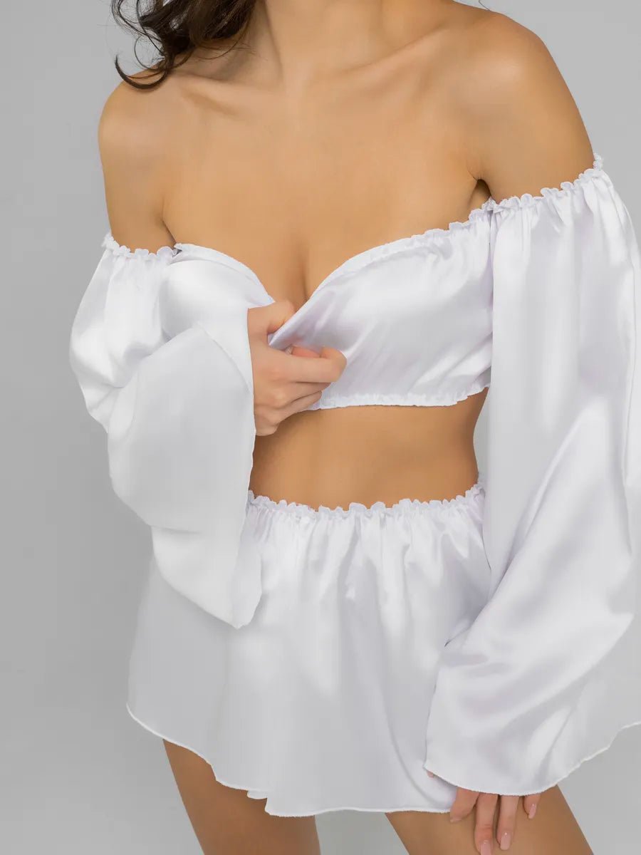 Angel Sleeve Satin Co-ord Set | Off-Shoulder Crop Top & Flowy Shorts | Black & White Party Set for Women - Bella Babe by SK