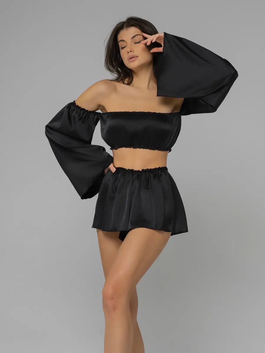 Angel Sleeve Satin Co-ord Set | Off-Shoulder Crop Top & Flowy Shorts | Black & White Party Set for Women - Bella Babe by SK