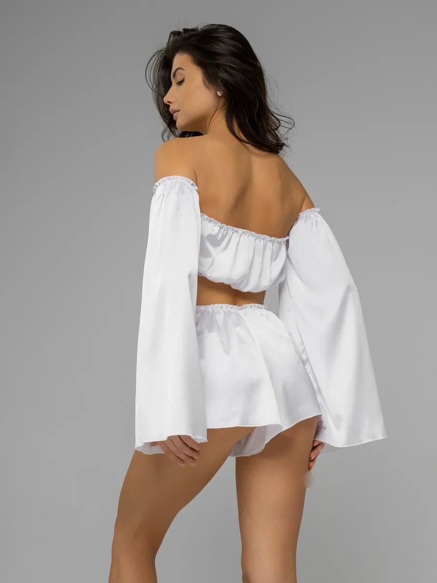 Angel Sleeve Satin Co-ord Set | Off-Shoulder Crop Top & Flowy Shorts | Black & White Party Set for Women - Bella Babe by SK