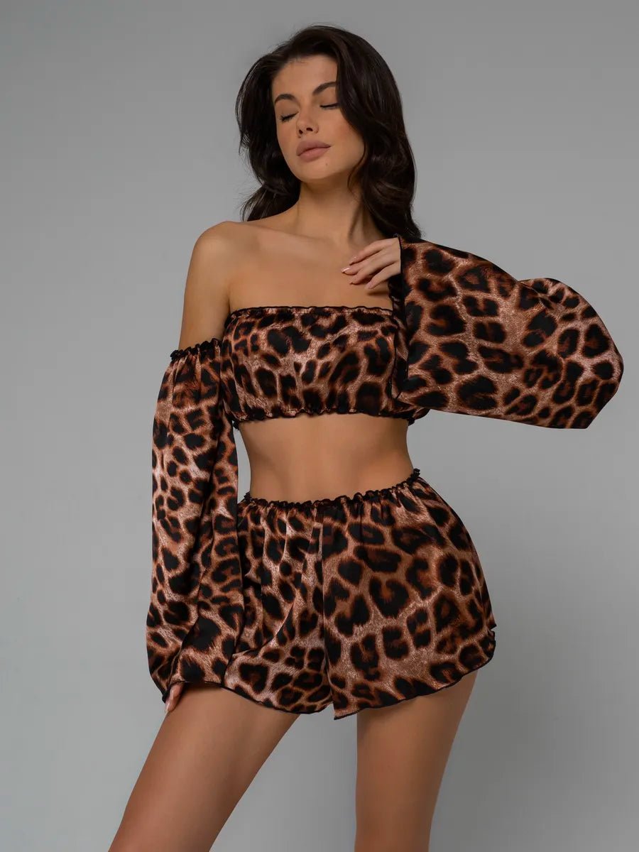Angel Sleeve Satin Co-ord Set | Off-Shoulder Crop Top & Flowy Shorts | Black & White Party Set for Women - Bella Babe by SK