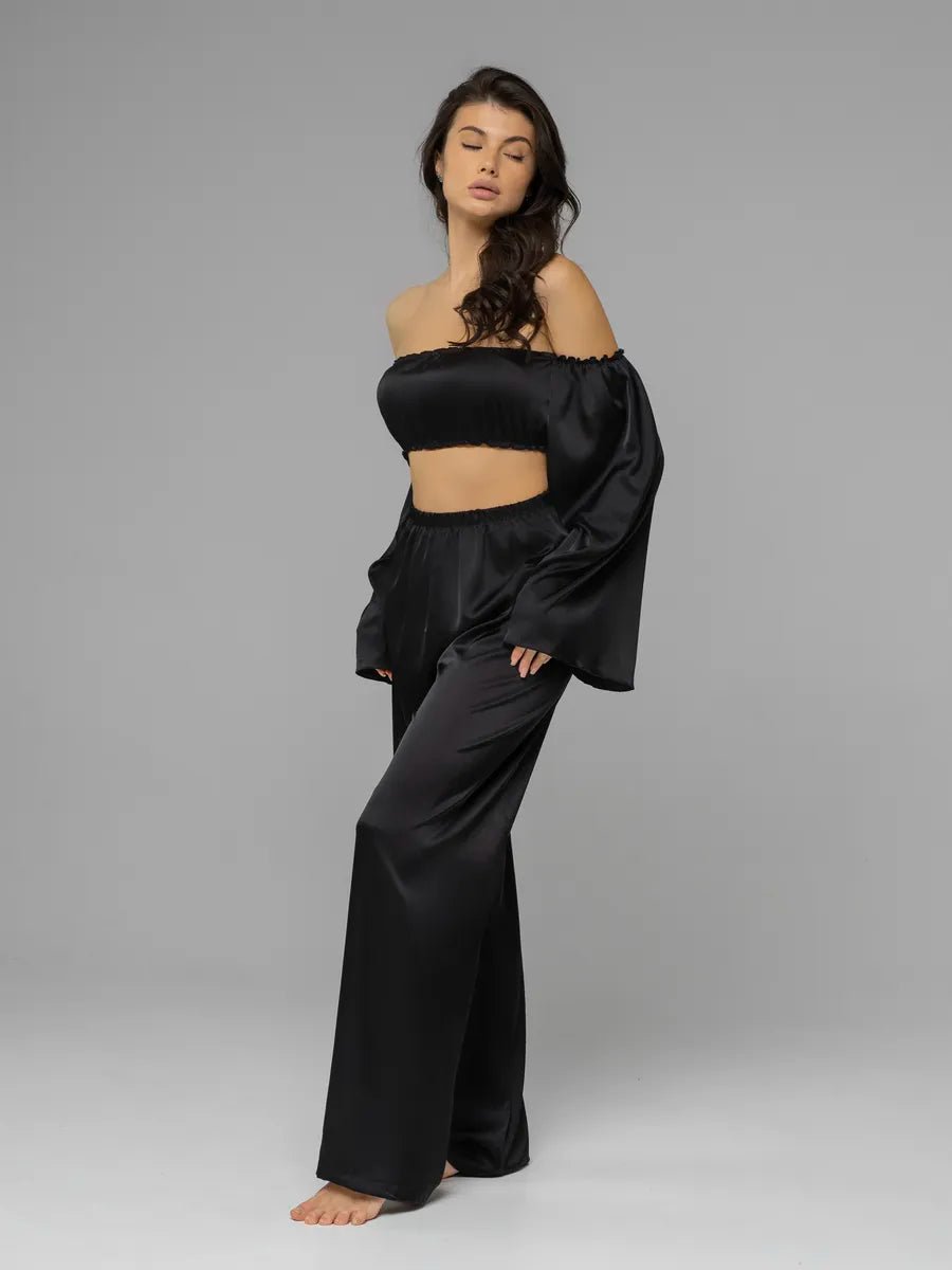 Angel Sleeve Satin Co-ord Set | Off-Shoulder Crop Top & Wide Leg Pants | Leopard, Pink, White & Black - Bella Babe by SK