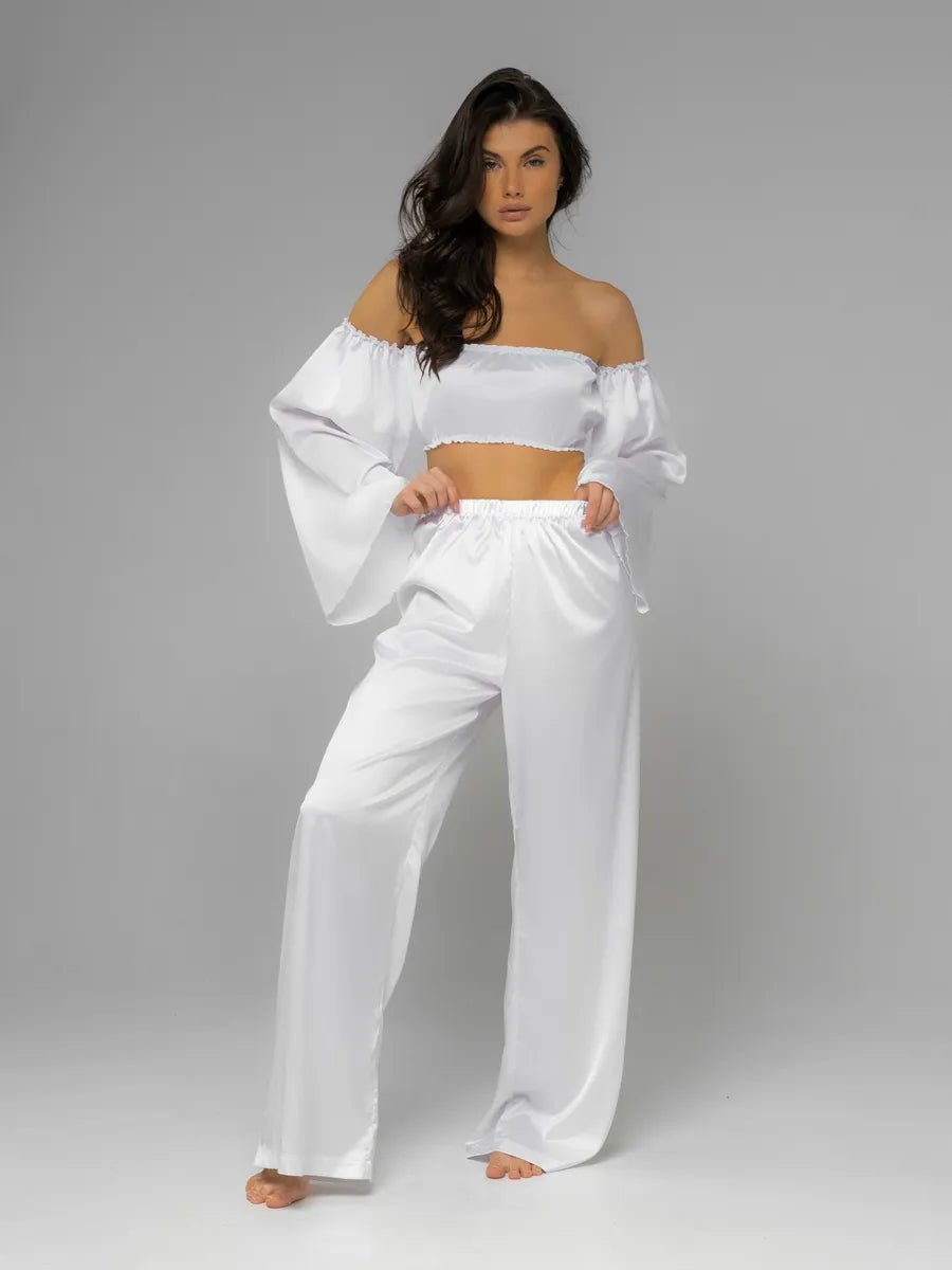 Angel Sleeve Satin Co-ord Set | Off-Shoulder Crop Top & Wide Leg Pants | Leopard, Pink, White & Black - Bella Babe by SK