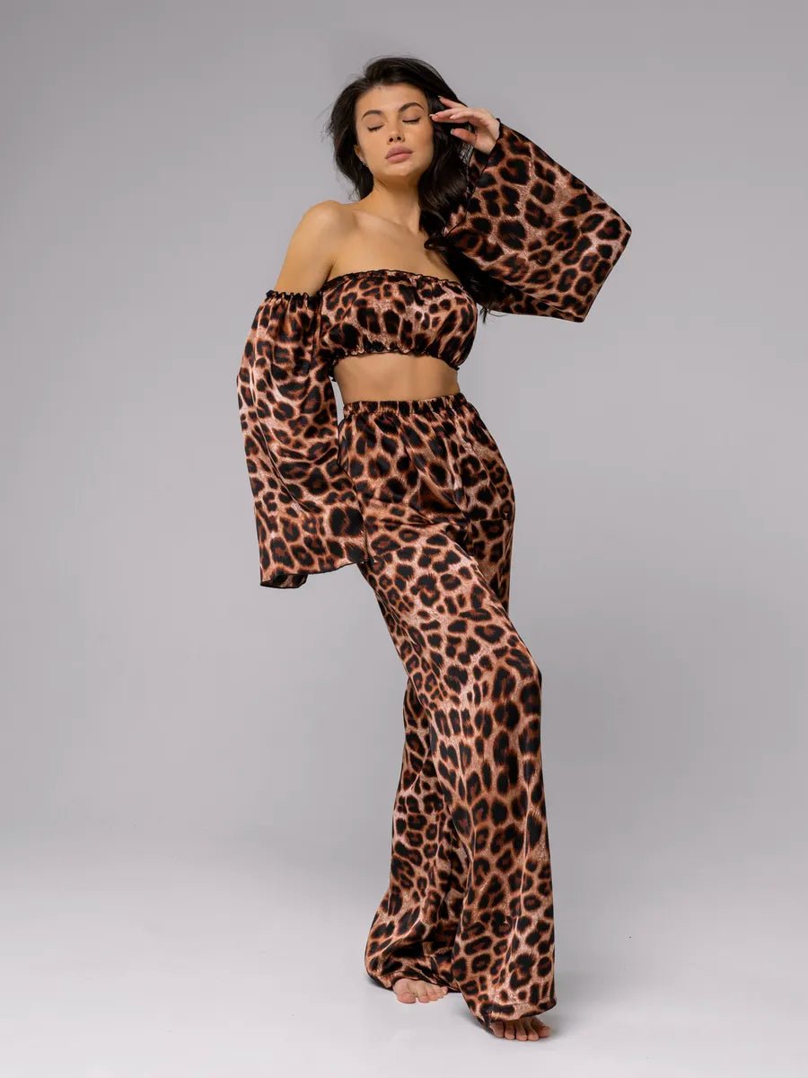 Angel Sleeve Satin Co-ord Set | Off-Shoulder Crop Top & Wide Leg Pants | Leopard, Pink, White & Black - Bella Babe by SK