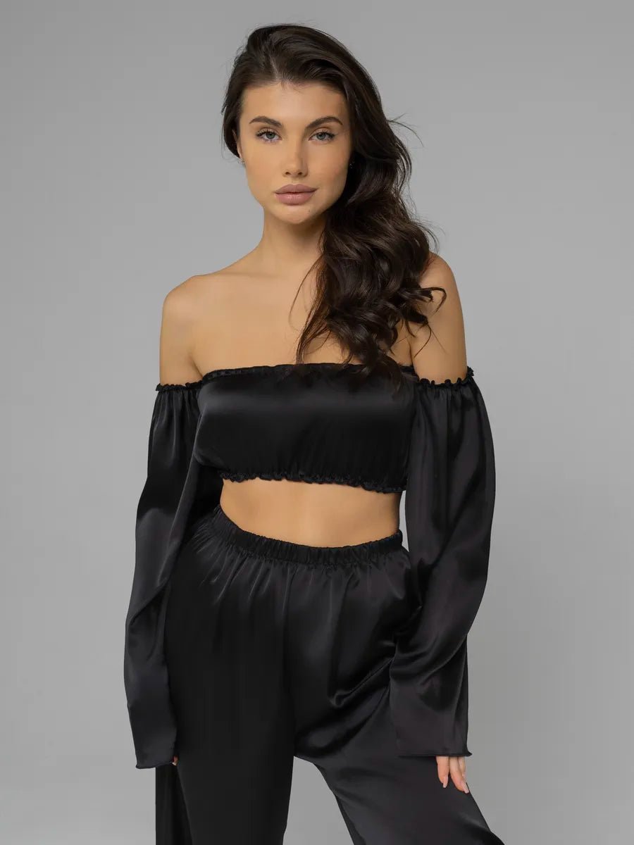Angel Sleeve Satin Co-ord Set | Off-Shoulder Crop Top & Wide Leg Pants | Leopard, Pink, White & Black - Bella Babe by SK