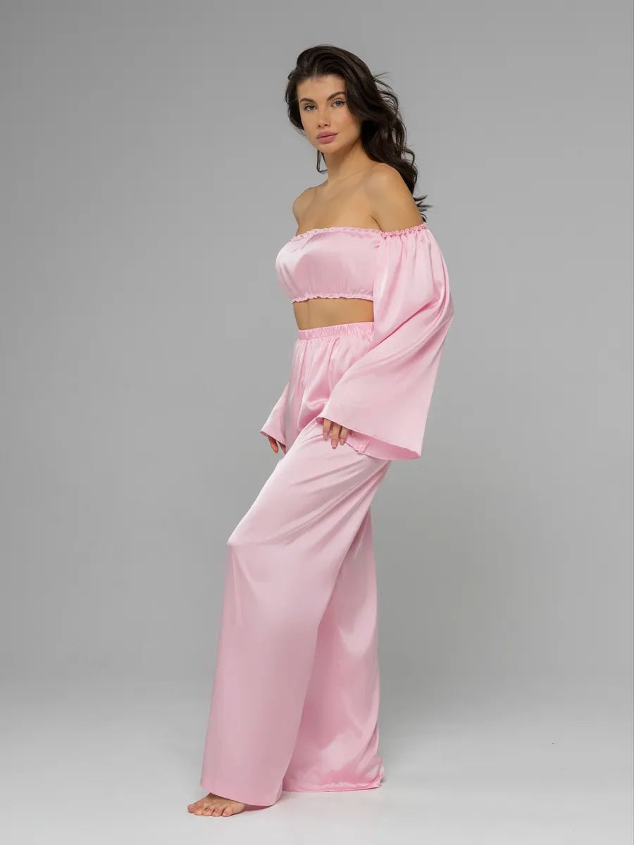 Angel Sleeve Satin Co-ord Set | Off-Shoulder Crop Top & Wide Leg Pants | Leopard, Pink, White & Black - Bella Babe by SK