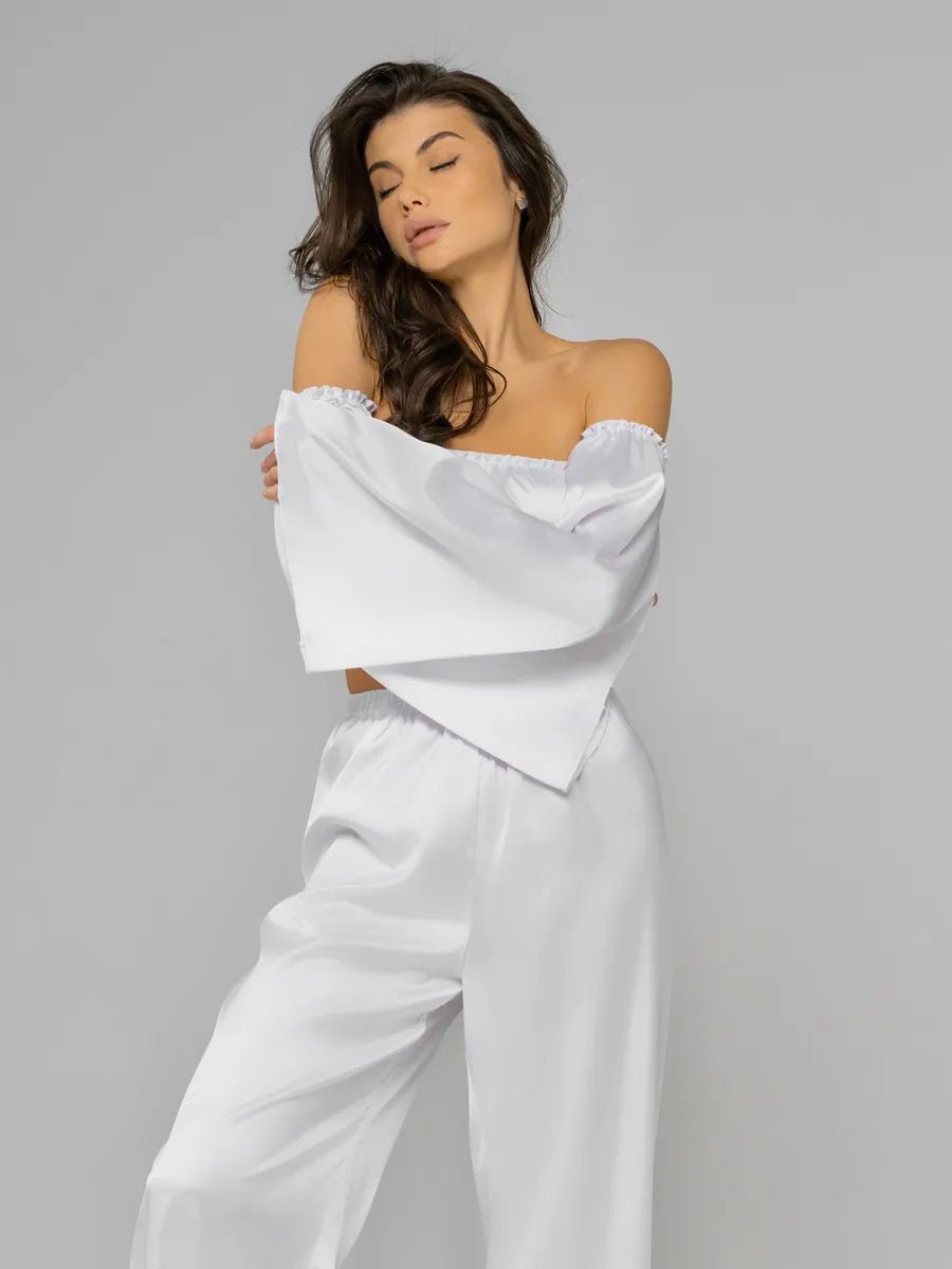 Angel Sleeve Satin Co-ord Set | Off-Shoulder Crop Top & Wide Leg Pants | Leopard, Pink, White & Black - Bella Babe by SK
