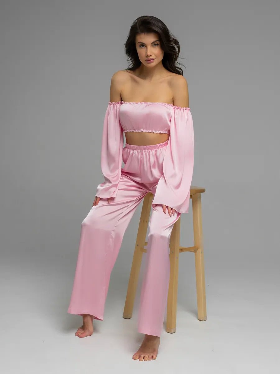 Angel Sleeve Satin Co-ord Set | Off-Shoulder Crop Top & Wide Leg Pants | Leopard, Pink, White & Black - Bella Babe by SK