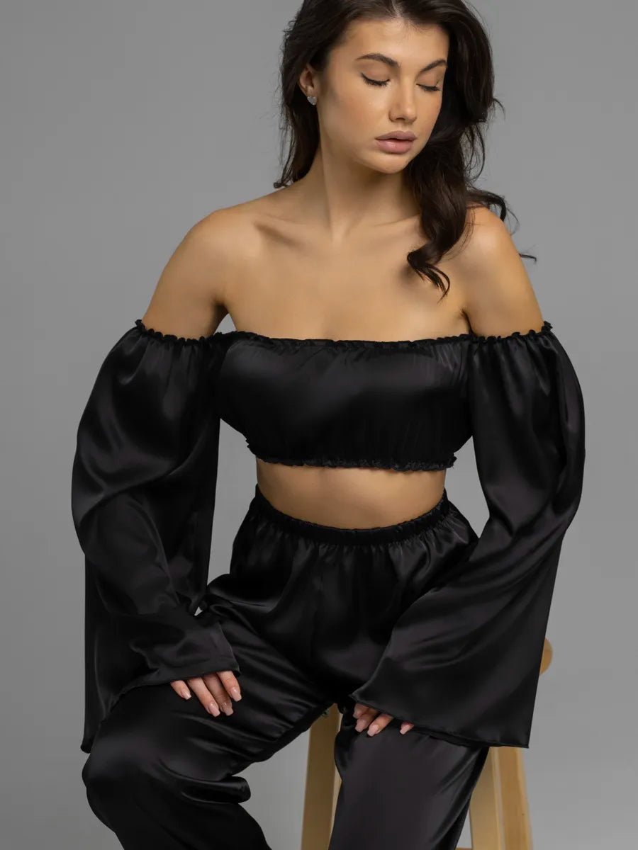 Angel Sleeve Satin Co-ord Set | Off-Shoulder Crop Top & Wide Leg Pants | Leopard, Pink, White & Black - Bella Babe by SK