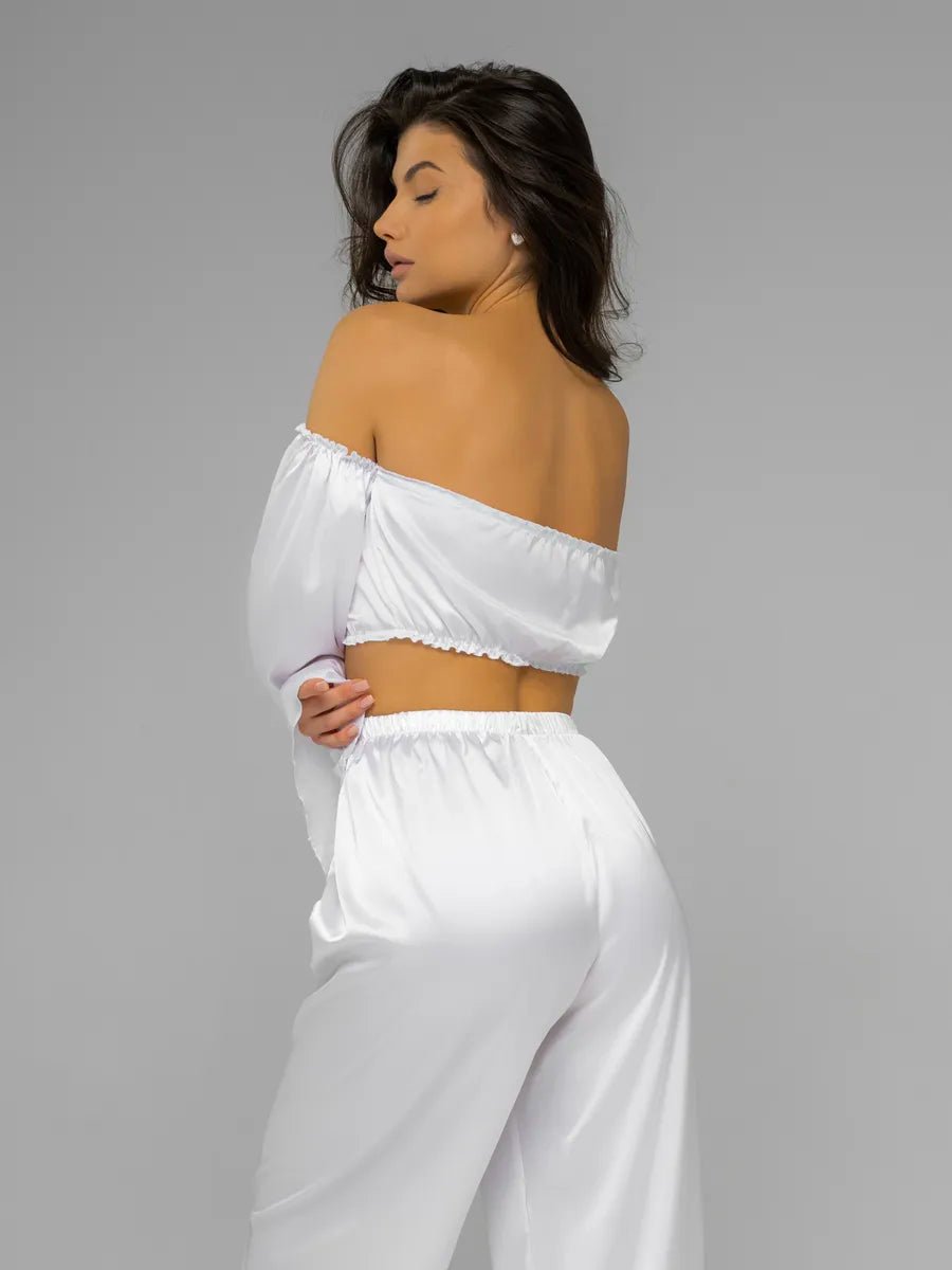 Angel Sleeve Satin Co-ord Set | Off-Shoulder Crop Top & Wide Leg Pants | Leopard, Pink, White & Black - Bella Babe by SK