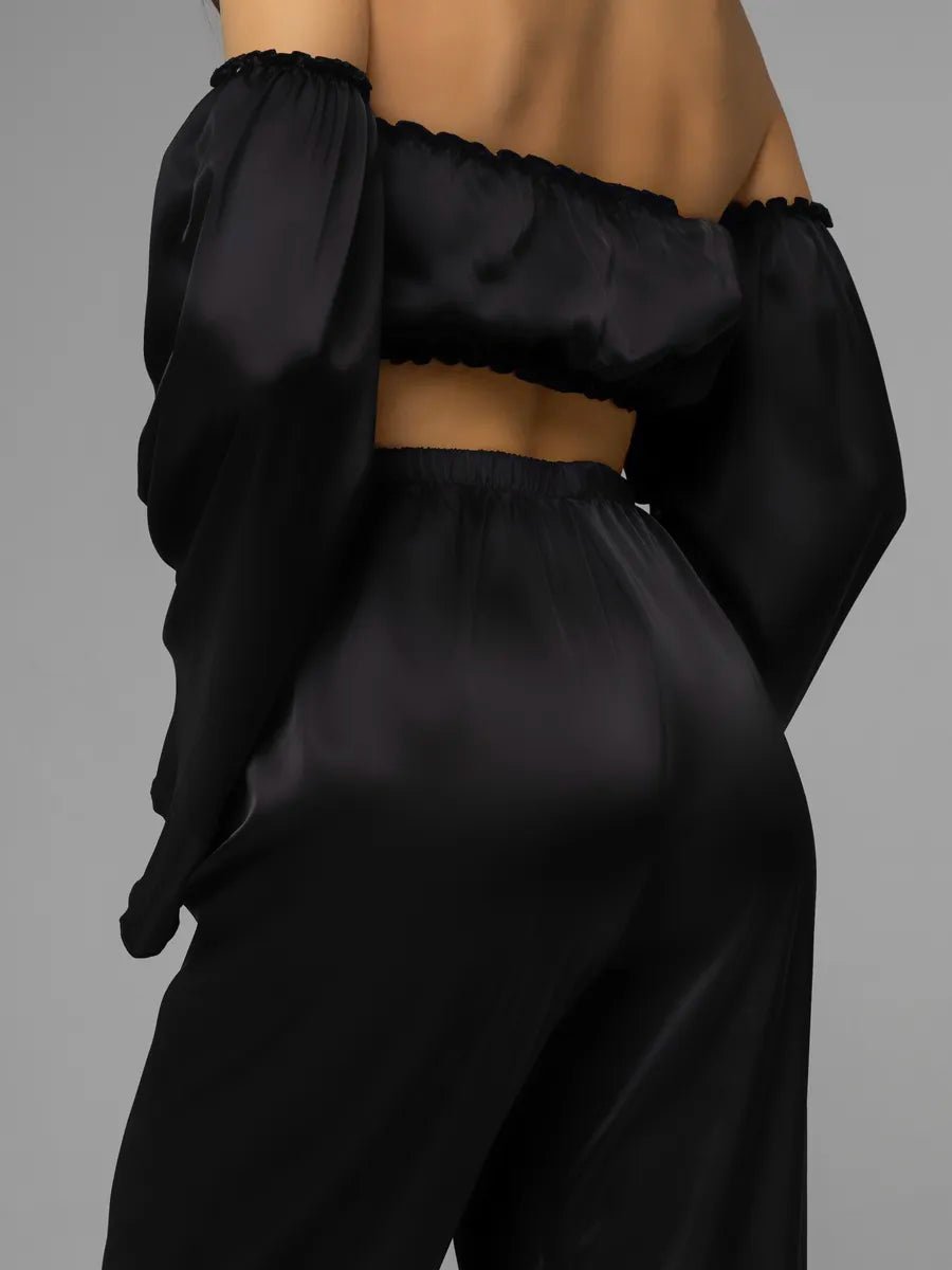 Angel Sleeve Satin Co-ord Set | Off-Shoulder Crop Top & Wide Leg Pants | Leopard, Pink, White & Black - Bella Babe by SK