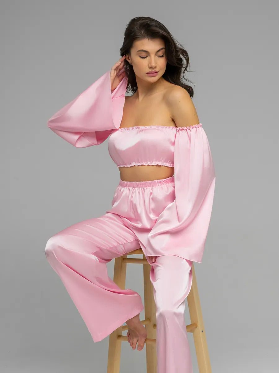 Angel Sleeve Satin Co-ord Set | Off-Shoulder Crop Top & Wide Leg Pants | Leopard, Pink, White & Black - Bella Babe by SK