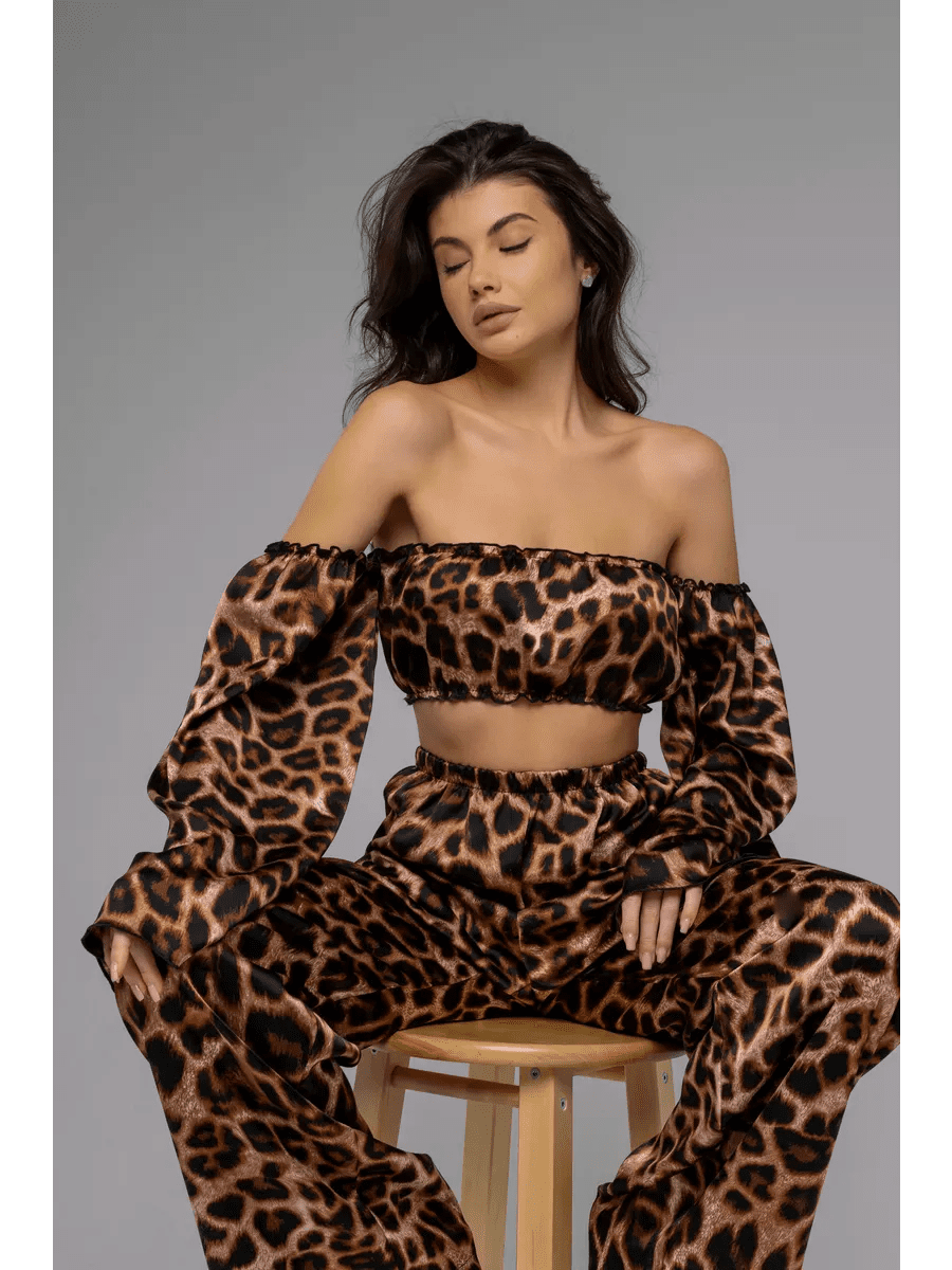 Angel Sleeve Satin Co-ord Set | Off-Shoulder Crop Top & Wide Leg Pants | Leopard, Pink, White & Black - Bella Babe by SK