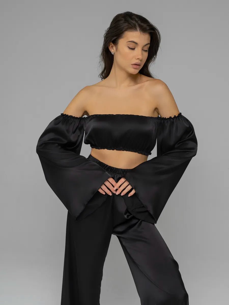 Angel Sleeve Satin Co-ord Set | Off-Shoulder Crop Top & Wide Leg Pants | Leopard, Pink, White & Black - Bella Babe by SK