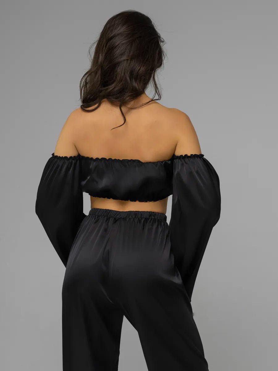 Angel Sleeve Satin Co-ord Set | Off-Shoulder Crop Top & Wide Leg Pants | Leopard, Pink, White & Black - Bella Babe by SK