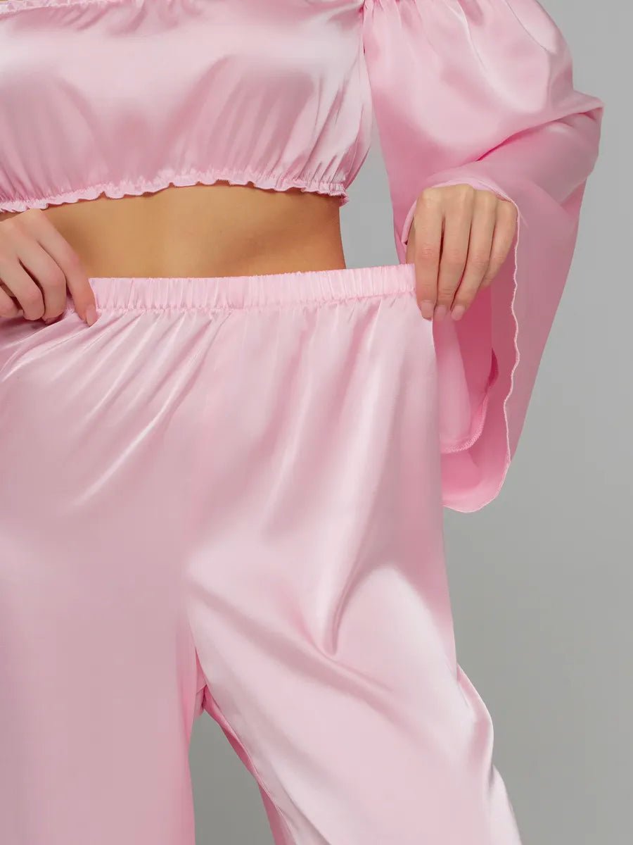 Angel Sleeve Satin Co-ord Set | Off-Shoulder Crop Top & Wide Leg Pants | Leopard, Pink, White & Black - Bella Babe by SK