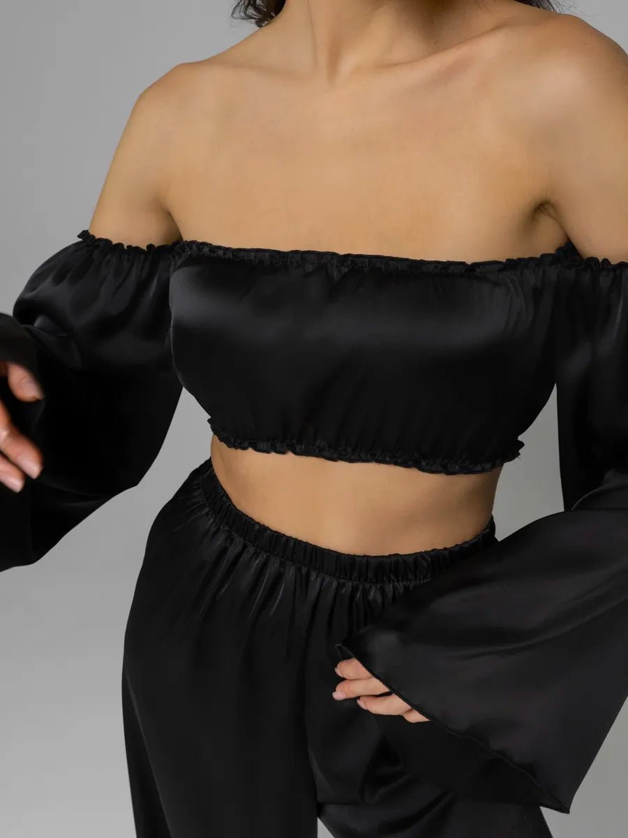 Angel Sleeve Satin Co-ord Set | Off-Shoulder Crop Top & Wide Leg Pants | Leopard, Pink, White & Black - Bella Babe by SK