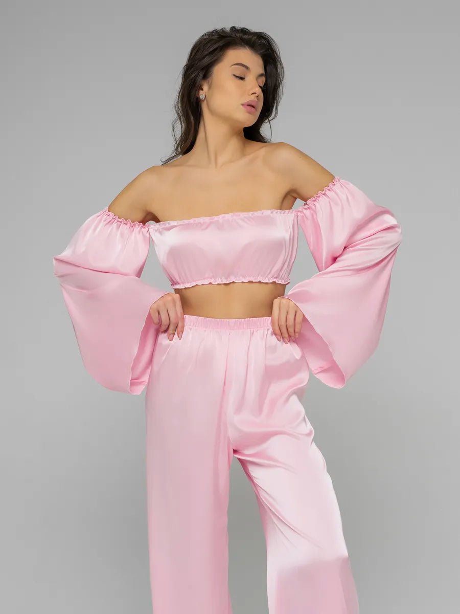 Angel Sleeve Satin Co-ord Set | Off-Shoulder Crop Top & Wide Leg Pants | Leopard, Pink, White & Black - Bella Babe by SK