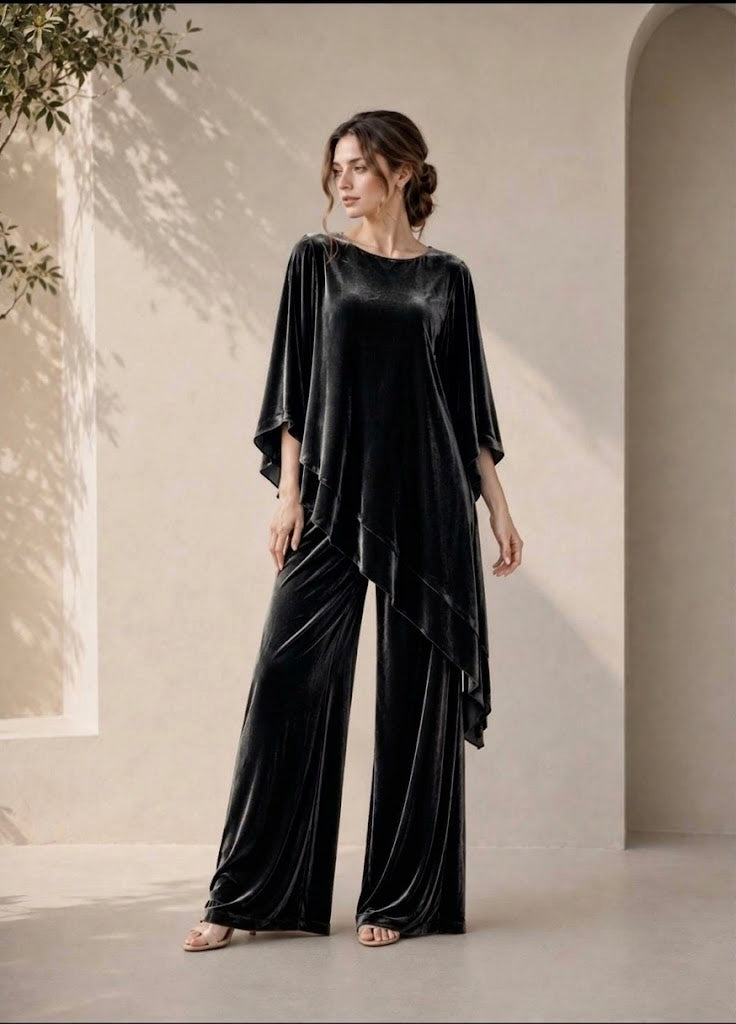 Italian Velvet Co-ord Set for Women: Asymmetric Top & Wide Leg Pants