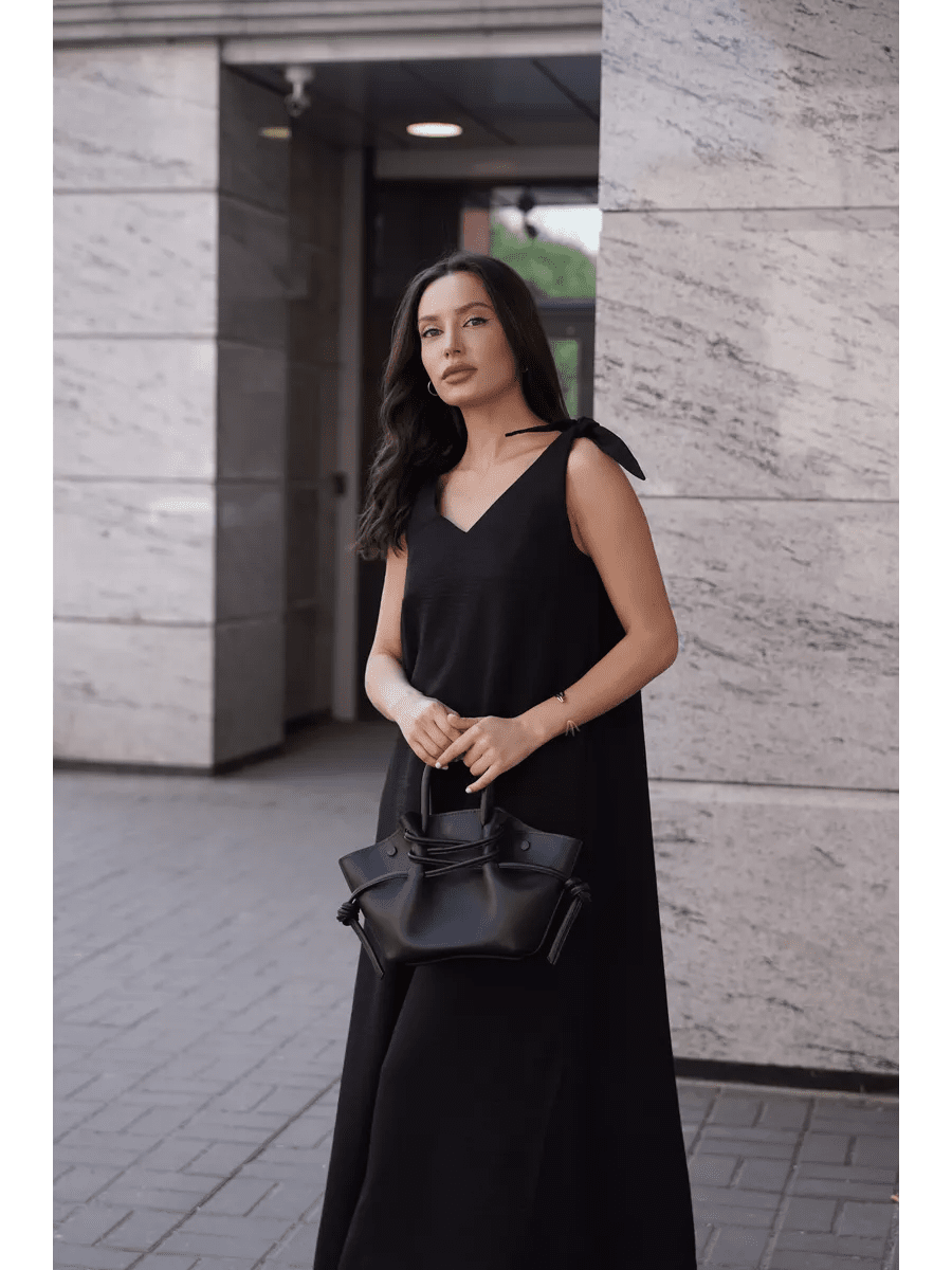 Black Cotton Poplin Maxi Dress | Tie-Shoulder V-Neck Dress | Elegant Sleeveless Long Dress for Women - Bella Babe by SK