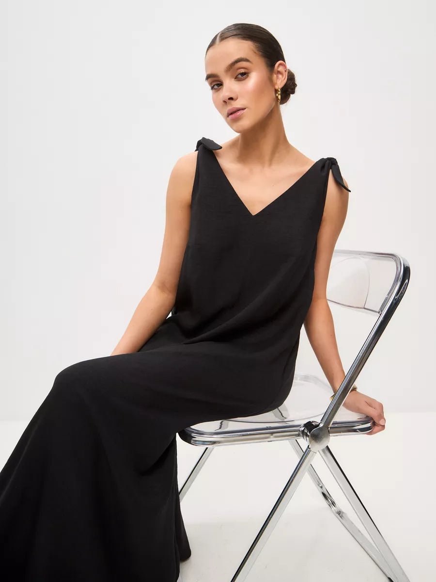 Black Cotton Poplin Maxi Dress | Tie-Shoulder V-Neck Dress | Elegant Sleeveless Long Dress for Women - Bella Babe by SK
