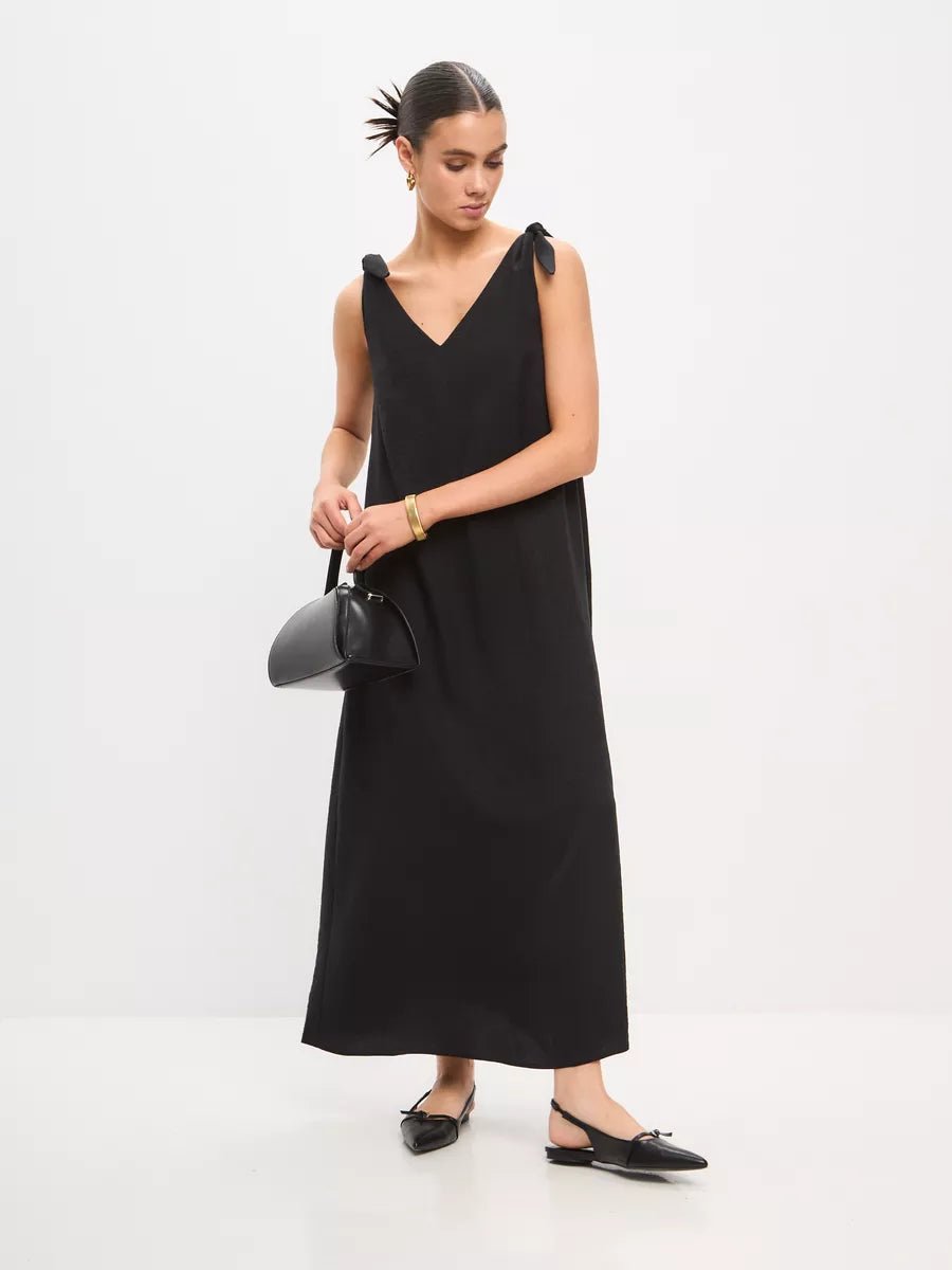 Black Cotton Poplin Maxi Dress | Tie-Shoulder V-Neck Dress | Elegant Sleeveless Long Dress for Women - Bella Babe by SK