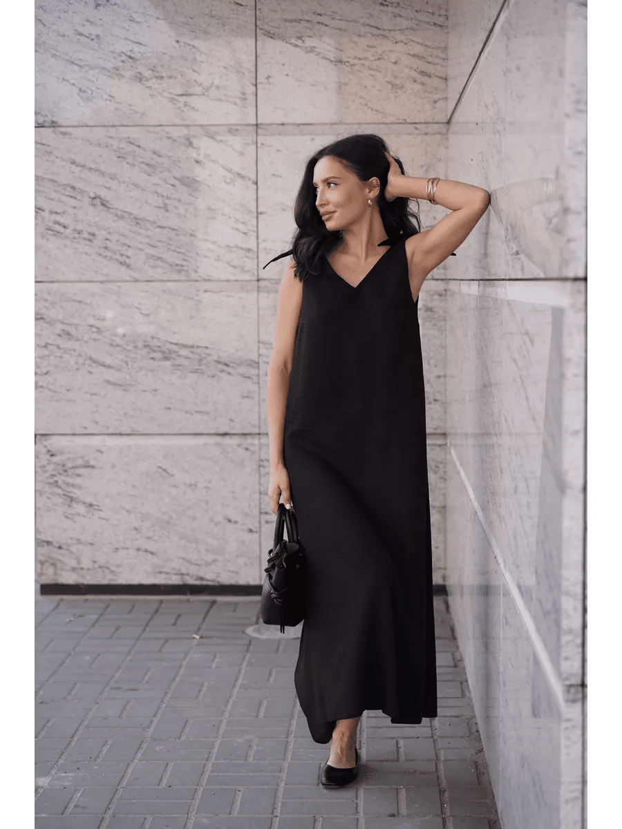 Black Cotton Poplin Maxi Dress | Tie-Shoulder V-Neck Dress | Elegant Sleeveless Long Dress for Women - Bella Babe by SK
