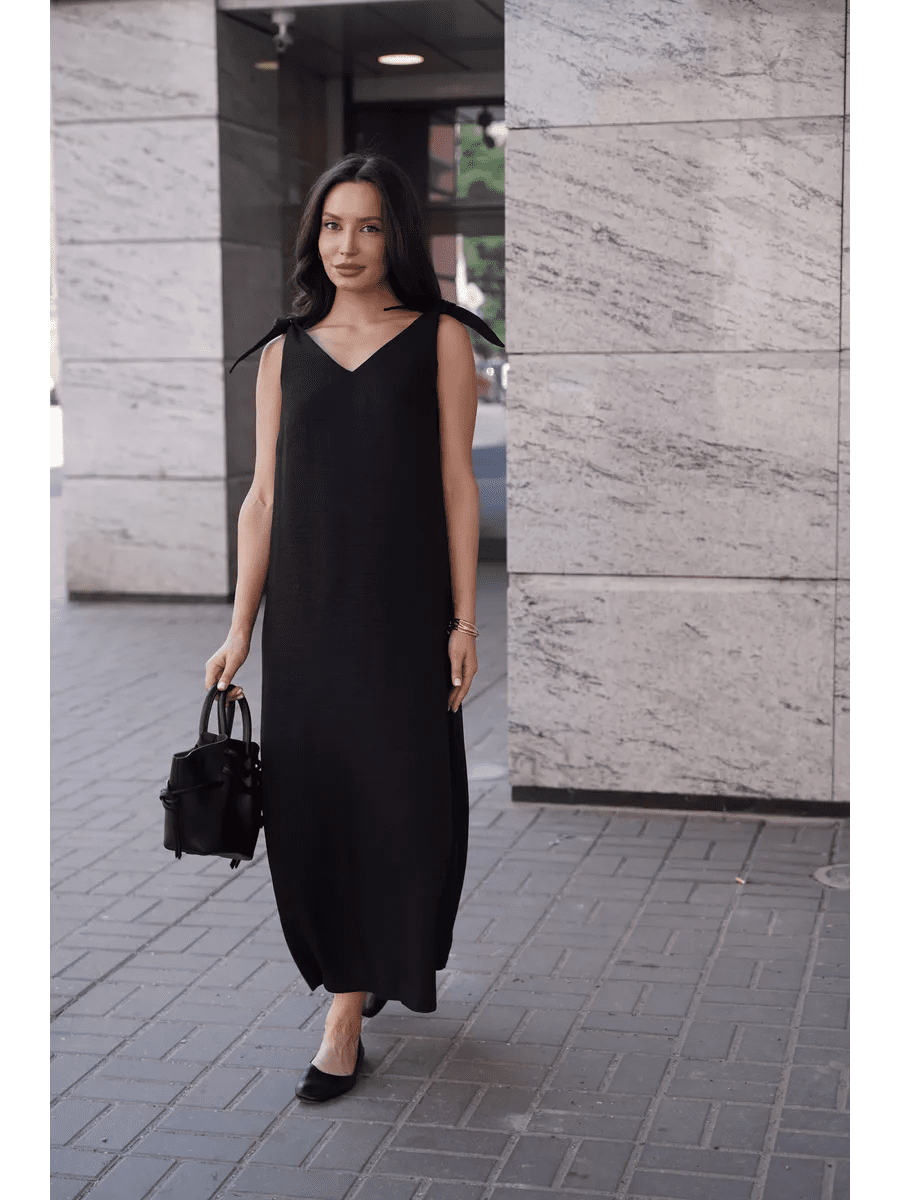 Black Cotton Poplin Maxi Dress | Tie-Shoulder V-Neck Dress | Elegant Sleeveless Long Dress for Women - Bella Babe by SK