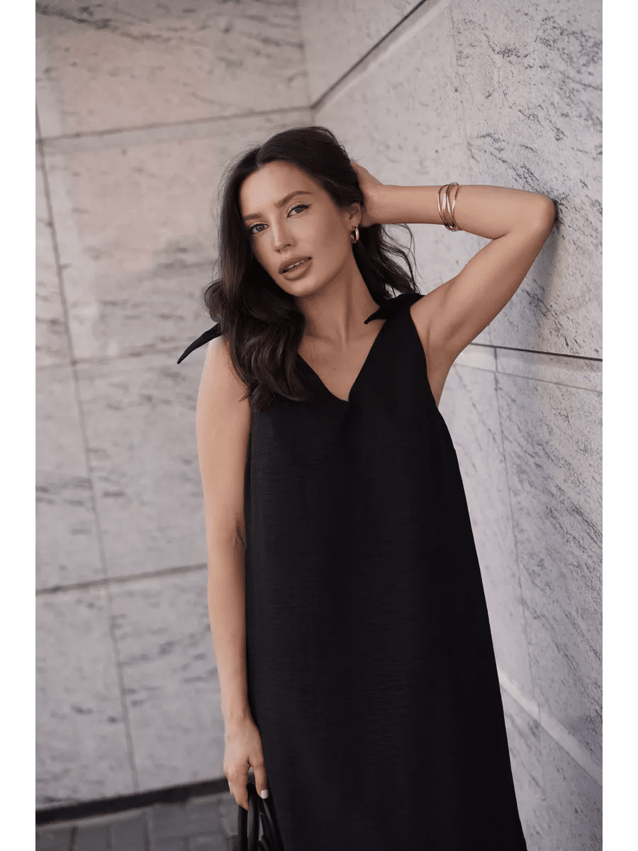 Black Cotton Poplin Maxi Dress | Tie-Shoulder V-Neck Dress | Elegant Sleeveless Long Dress for Women - Bella Babe by SK