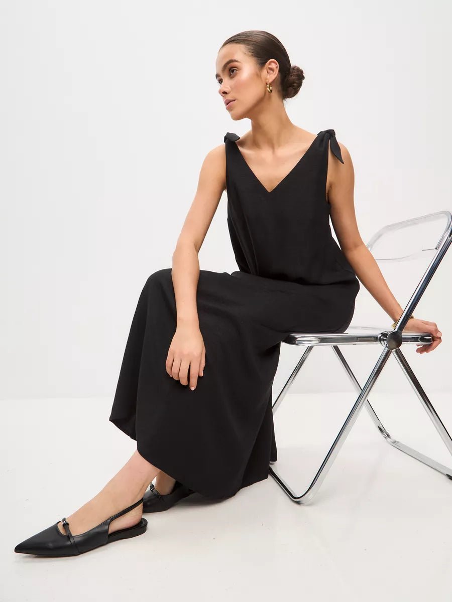 Black Cotton Poplin Maxi Dress | Tie-Shoulder V-Neck Dress | Elegant Sleeveless Long Dress for Women - Bella Babe by SK