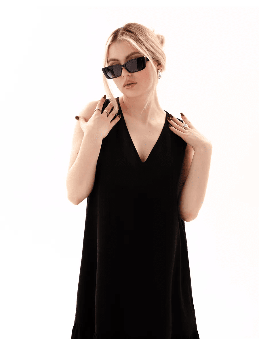 Black Cotton Poplin Maxi Dress | V-Neck Sleeveless Tiered Dress with Pockets | Frilled Hem Long Dress for Women - Bella Babe by SK