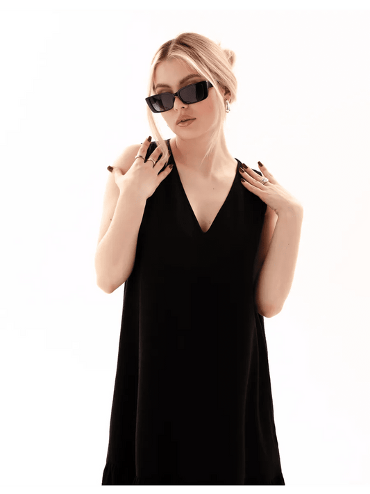 Black Cotton Poplin Maxi Dress | V-Neck Sleeveless Tiered Dress with Pockets | Frilled Hem Long Dress for Women - Bella Babe by SK
