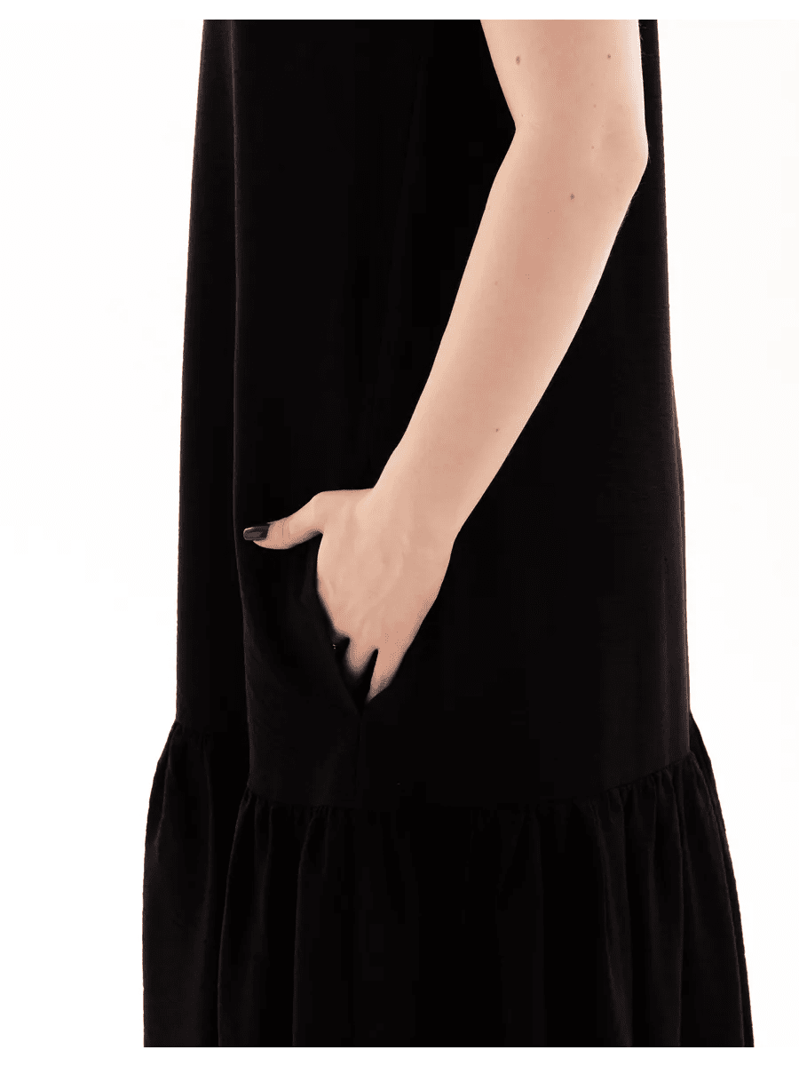 Black Cotton Poplin Maxi Dress | V-Neck Sleeveless Tiered Dress with Pockets | Frilled Hem Long Dress for Women - Bella Babe by SK
