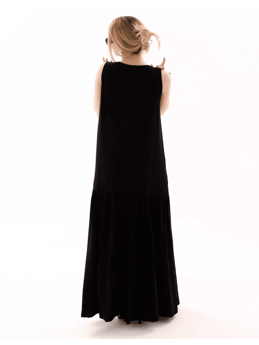 Black Cotton Poplin Maxi Dress | V-Neck Sleeveless Tiered Dress with Pockets | Frilled Hem Long Dress for Women - Bella Babe by SK
