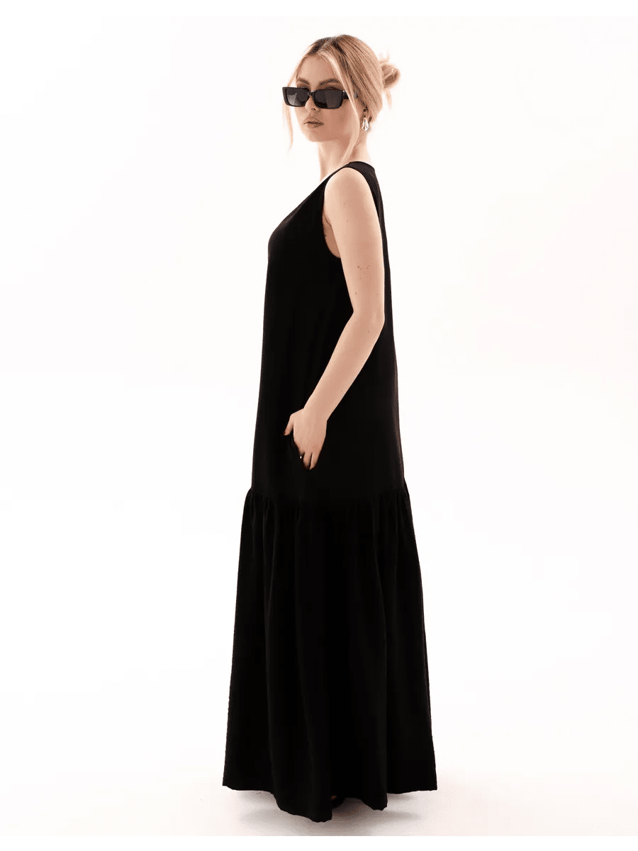 Black Cotton Poplin Maxi Dress | V-Neck Sleeveless Tiered Dress with Pockets | Frilled Hem Long Dress for Women - Bella Babe by SK