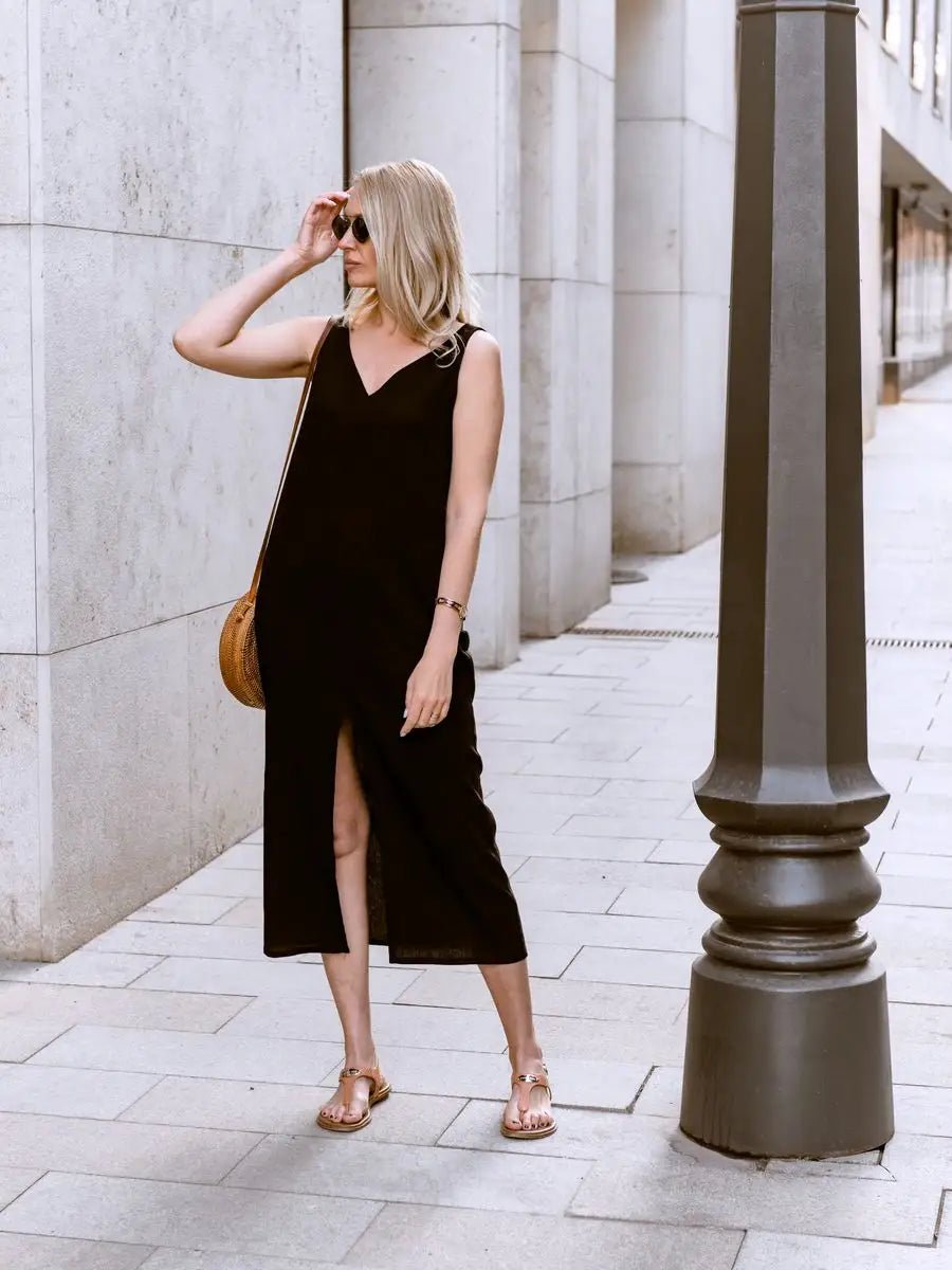 Black Cotton V-Neck Midi Dress with Side Slit | Sleeveless A-Line Slip Dress | Effortless Luxury Essential for Women - Bella Babe by SK