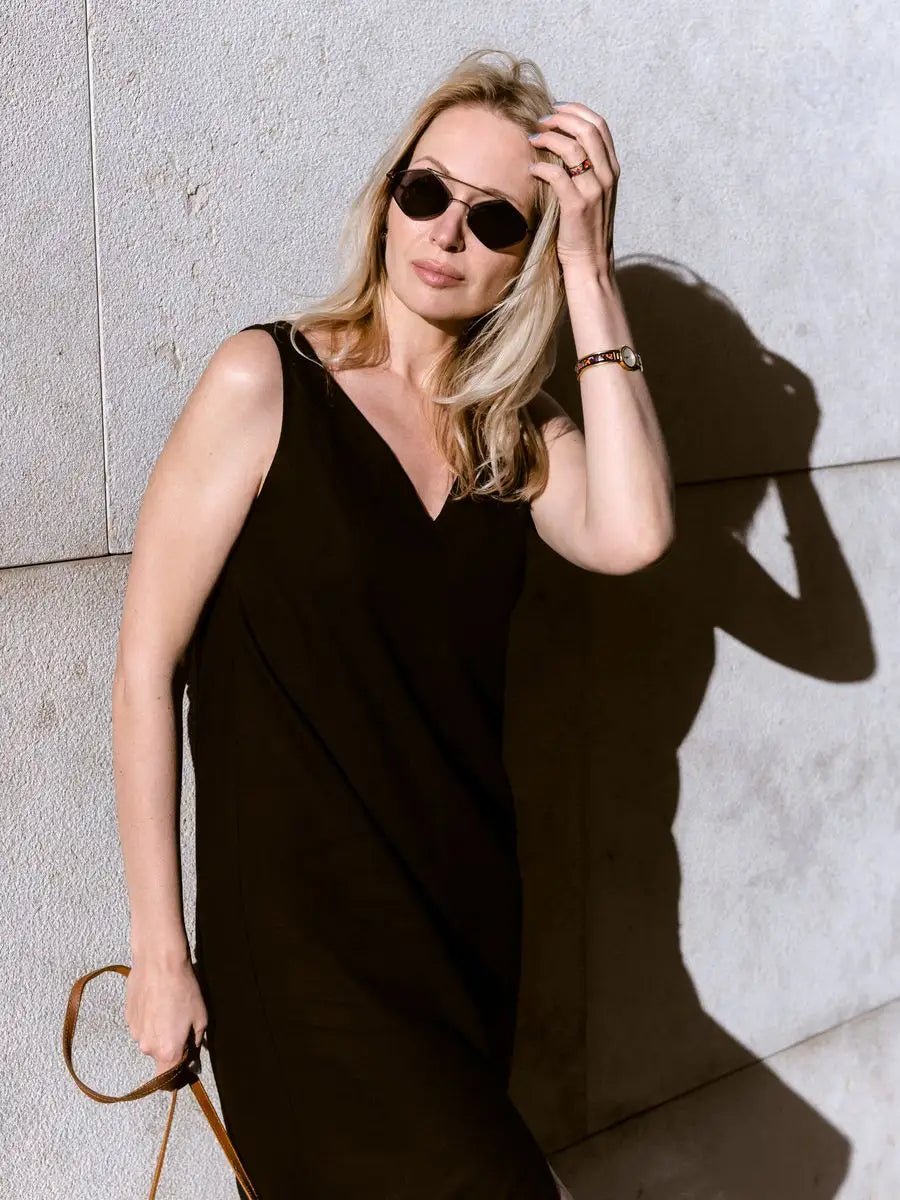 Black Cotton V-Neck Midi Dress with Side Slit | Sleeveless A-Line Slip Dress | Effortless Luxury Essential for Women - Bella Babe by SK