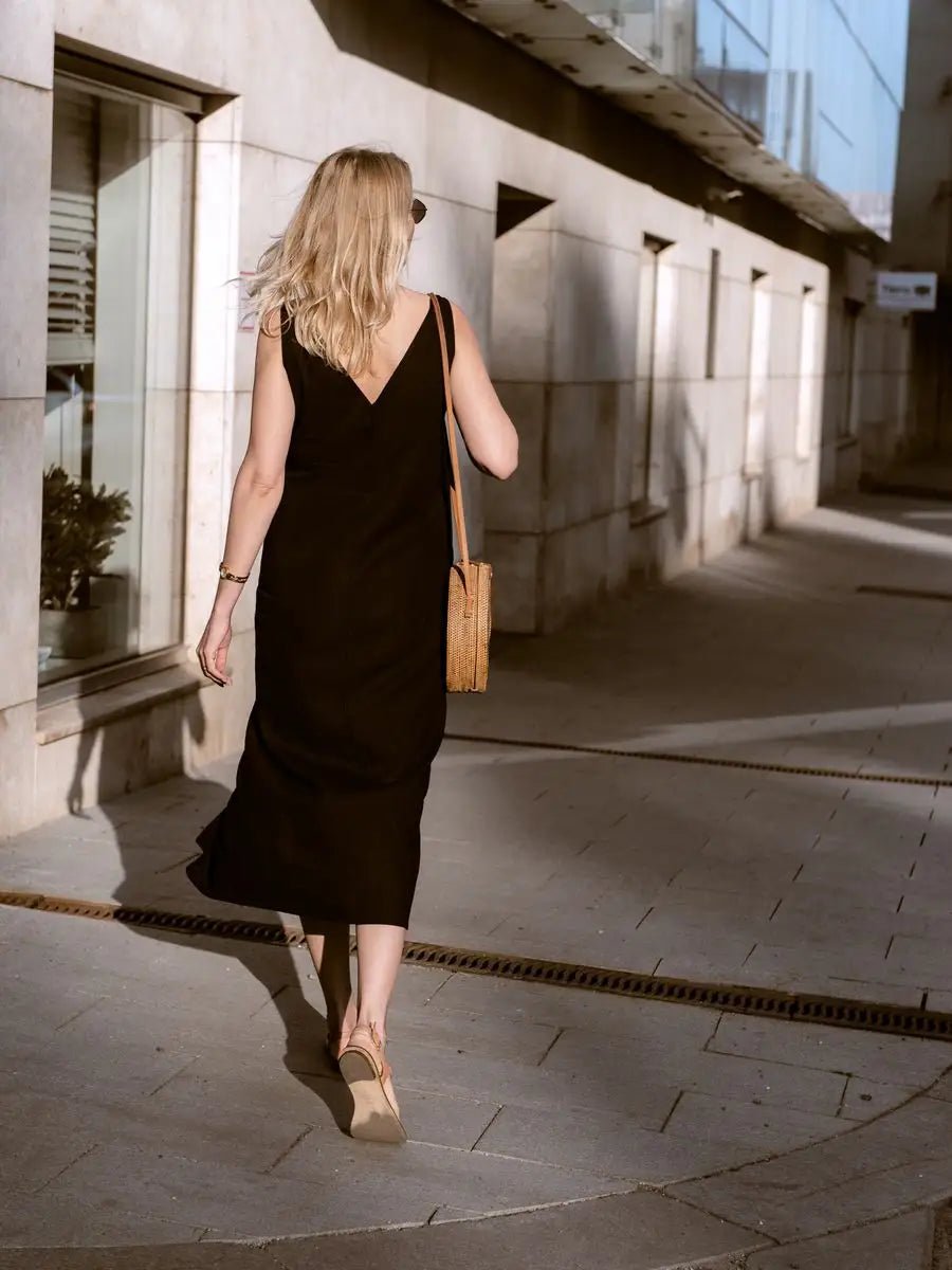 Black Cotton V-Neck Midi Dress with Side Slit | Sleeveless A-Line Slip Dress | Effortless Luxury Essential for Women - Bella Babe by SK