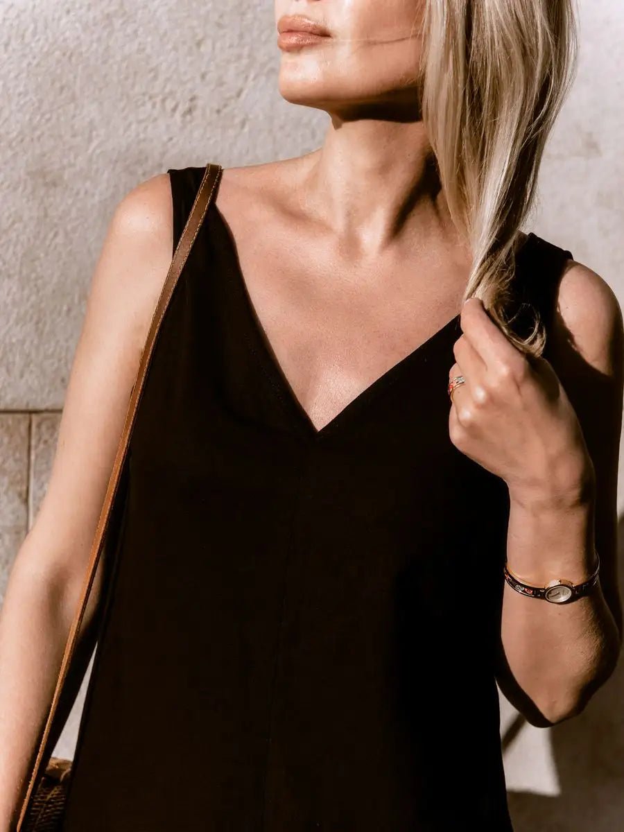 Black Cotton V-Neck Midi Dress with Side Slit | Sleeveless A-Line Slip Dress | Effortless Luxury Essential for Women - Bella Babe by SK
